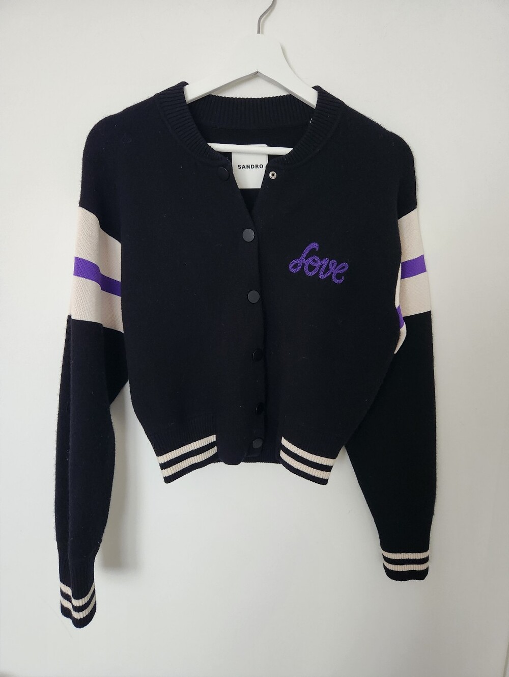 SANDRO Knit Teddy-Style Varsity Cardigan – Black & Purple size 0